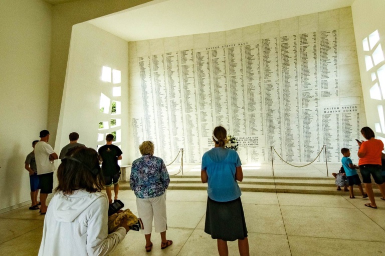 Arizona Memorial Marble Wall Visitors Pearl Harbor Oahu
