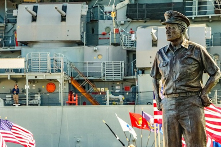 USS MIssouri Nimitz Statue At Entrance Slider 
