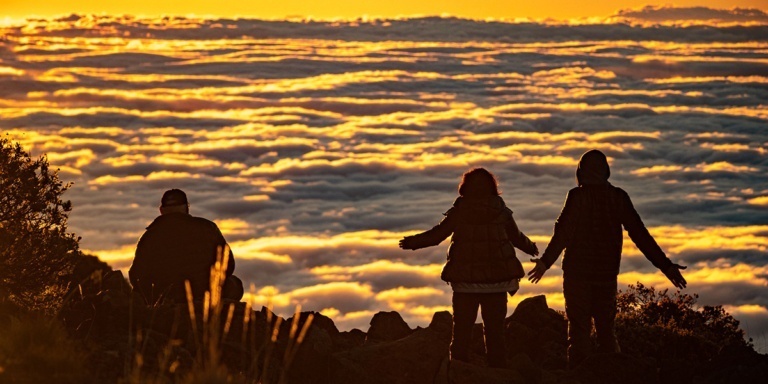 Haleakala Sunrise Clouds Visitors Arms Outstretched