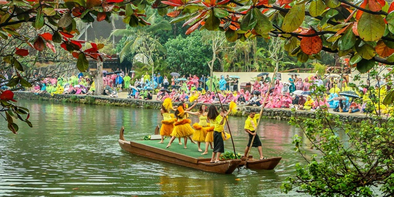 Polynesian Cultural Center Parade of Canoes Dancers Wide Rainy 