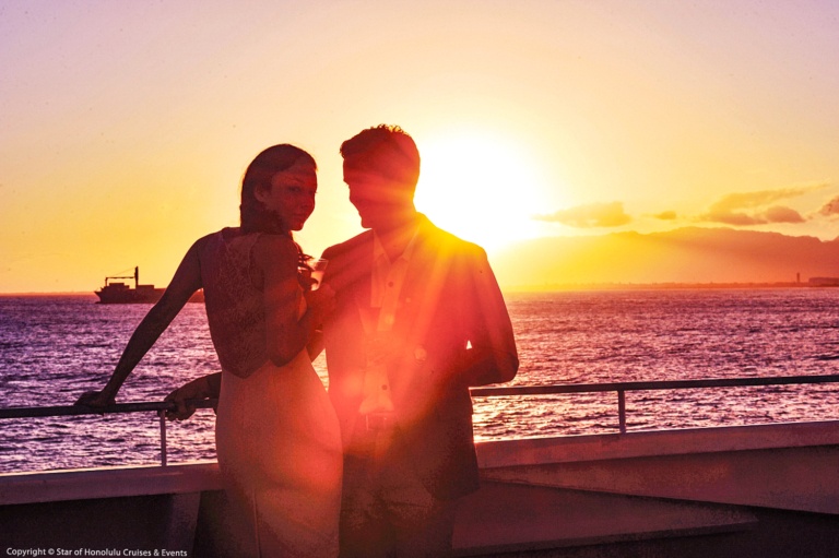 Sunset Boat Couple Visitors Oahu Star of Honolulu Paradise Cruises