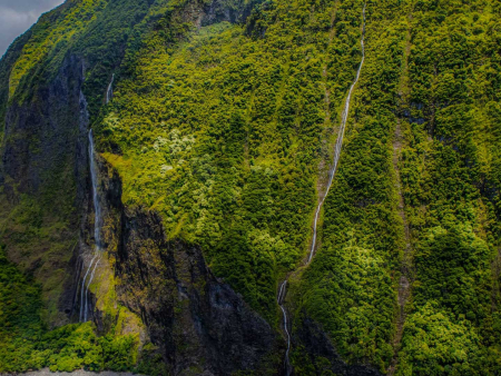 Waterfalls Cascading Down Valley Walls And Vertical Sea Cliffs Molokai Hawaii Product