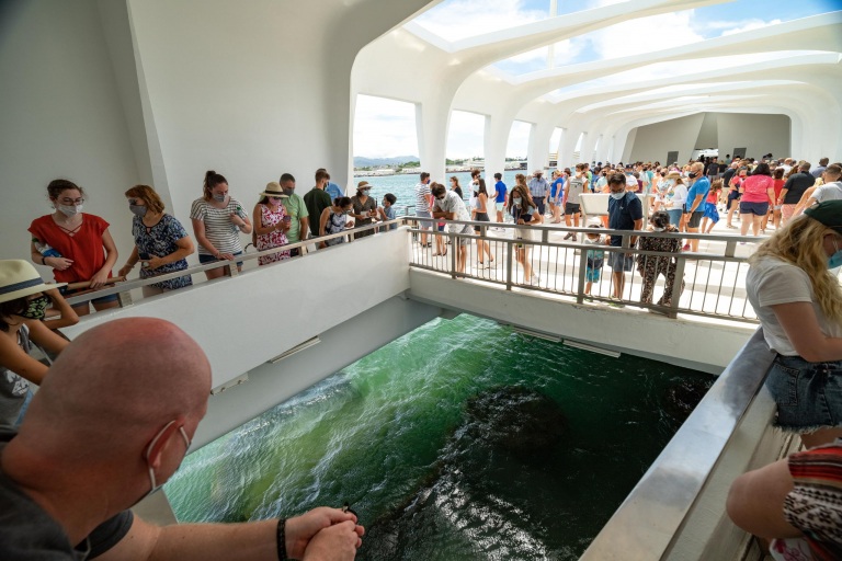 Arizona Memorial Visitors and Portal viewing Pearl Harbor Oahu