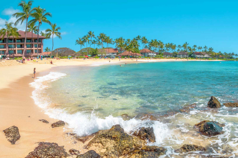 The White Sand Beaches And Crystal Clear Waters Of Poipu Beach In The South Shore Of Kauai Feature