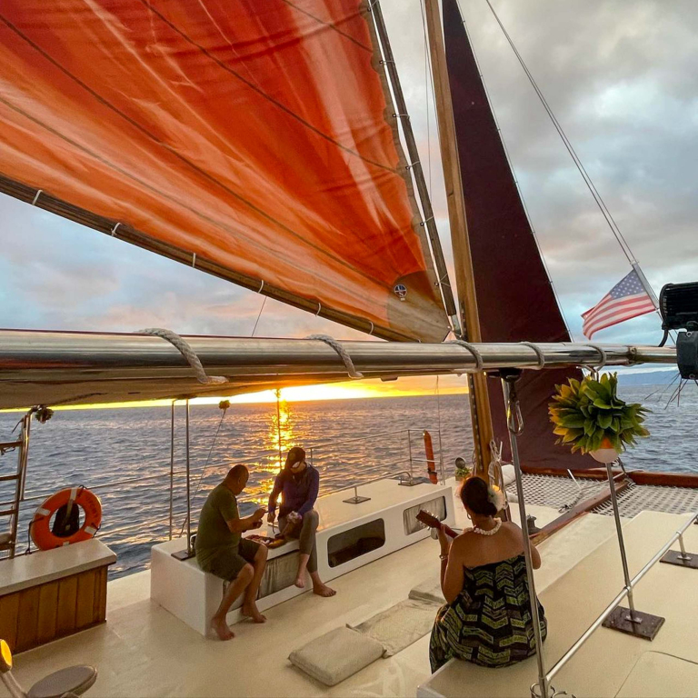 Kamoauli Traditional Polynesian Sailing Canoe Guest On Board Sunset